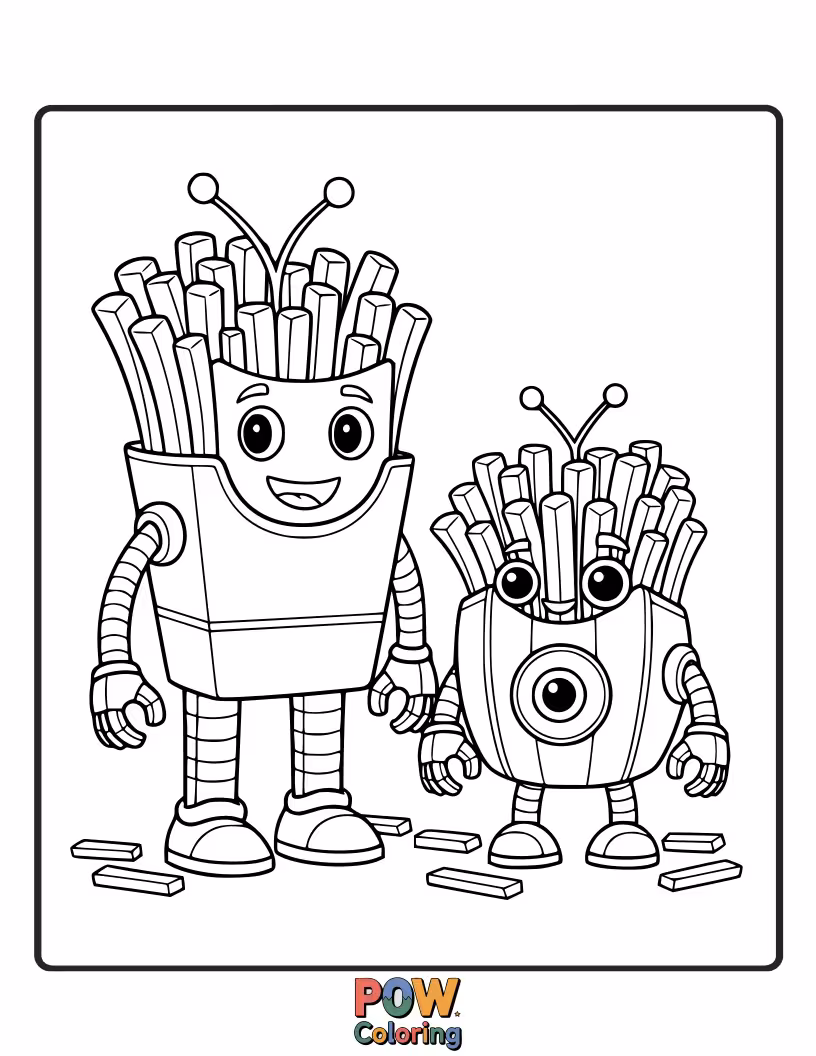 Free coloring page of Friendly french fry robots with blinking lights and gears, ready for a futuristic coloring adventure. Power up your creativity!