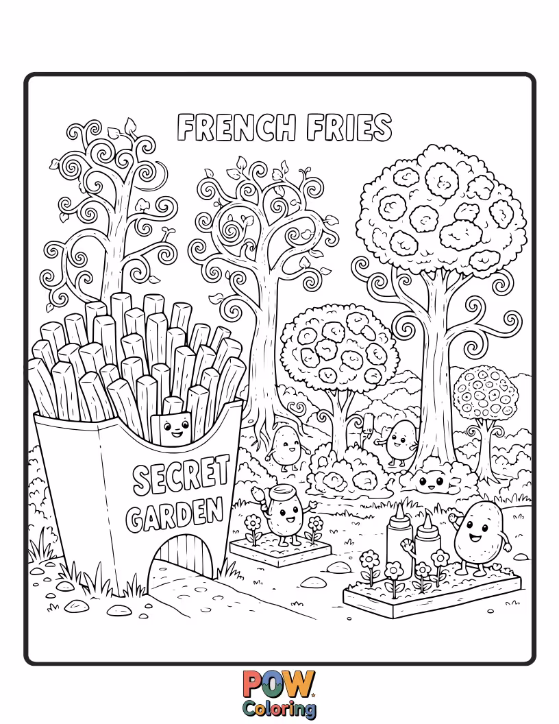 Free coloring page of A magical french fry hidden behind a vine-covered gate, leading to a secret world of wonder. Discover its colorful secrets.