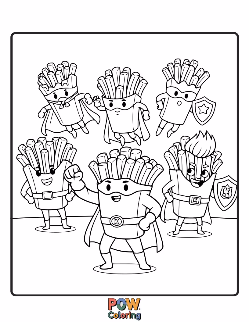 Free coloring page of A team of french fries in capes, ready to save the day with their superpowers. Unleash your inner hero!