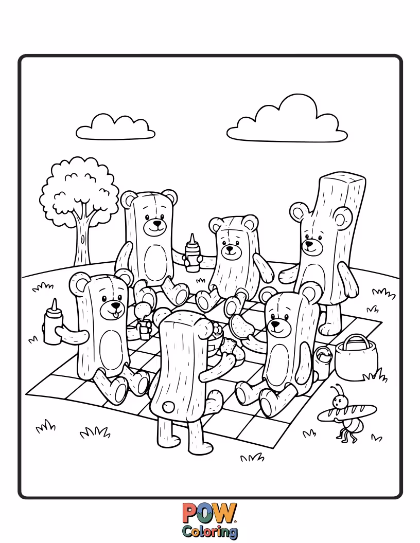 Free coloring page of Adorable french fries having a delightful picnic with a giant teddy bear. A sweet and charming scene to color.