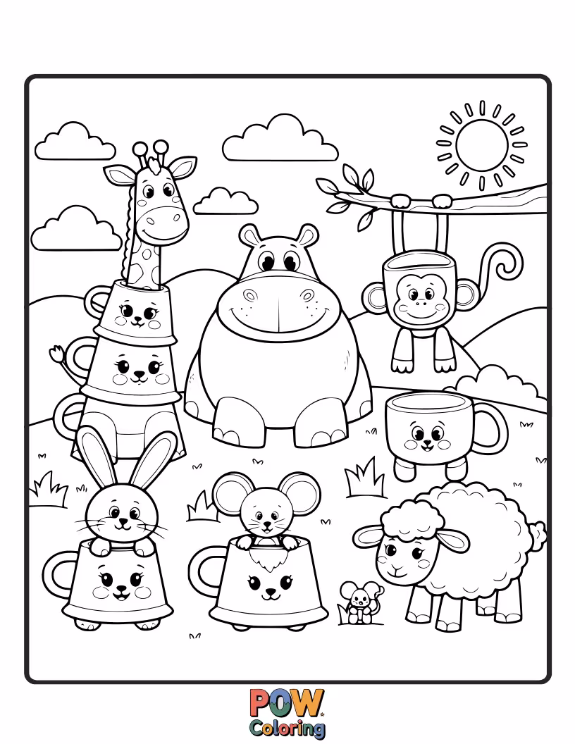 Free coloring page of Adorable cups transformed into charming animals like bunnies, cats, and bears, ready for playtime.