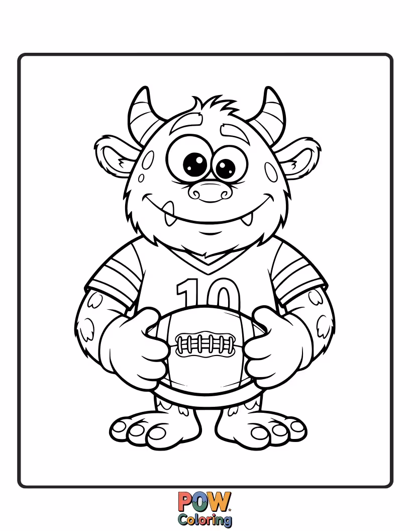 Free coloring page of A fuzzy, multi-eyed monster with a goofy smile, holding a football gently. Unexpectedly cute and approachable.