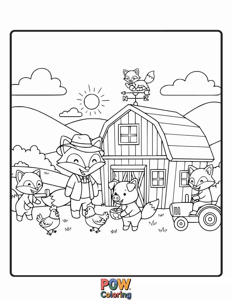 Free coloring page of A curious and friendly fox exploring a farm filled with curious farm animals.