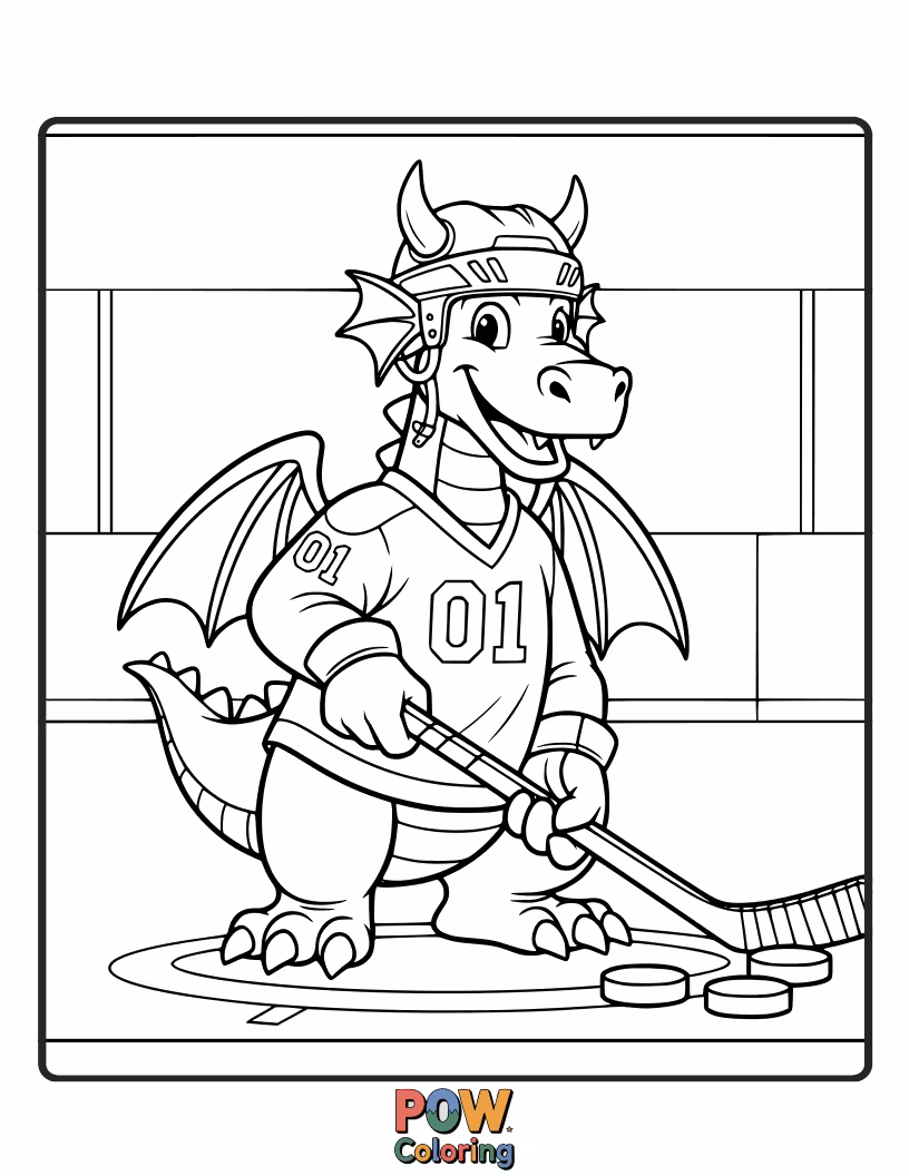 Free coloring page of A gentle dragon exhales a puff of colorful smoke to gently push a hockey puck towards a frosty goal. Majestic and sweet!