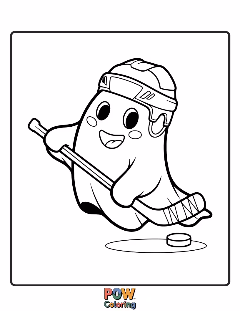 Free coloring page of A translucent, friendly ghost floating on skates, playfully nudging a glowing puck through a spooky, but fun, ice arena. Spooky good time!