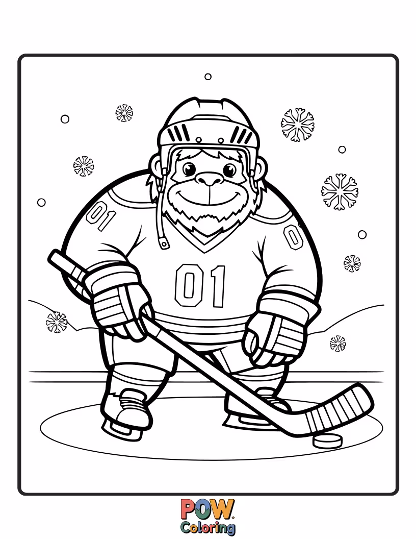 Free coloring page of A large, furry Yeti with a gentle smile showing off his impressive hockey moves on a snowy mountain ice patch. Lovably colossal!