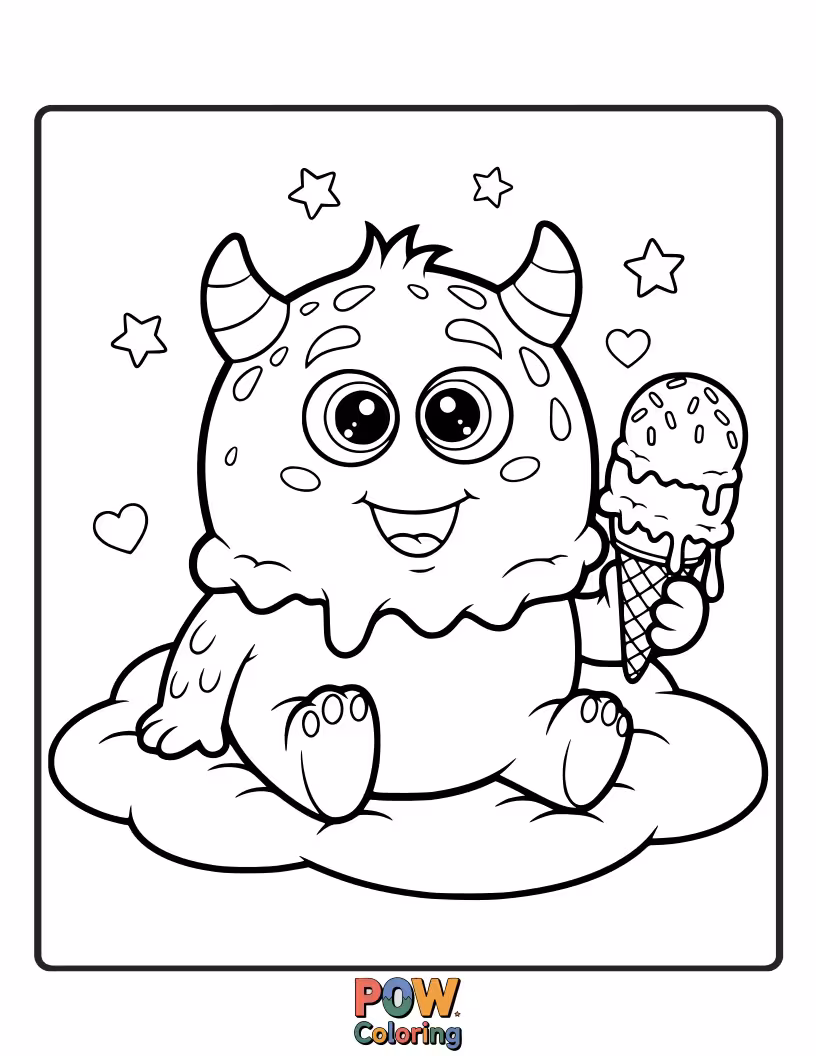 Free coloring page of A big, fluffy ice cream monster with multiple scoops and a friendly, googly-eyed expression.