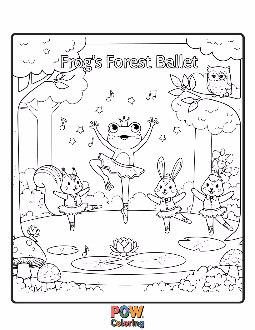 Free coloring page of A joyful frog in lily pad pointe shoes leaps through a whimsical forest, surrounded by fireflies. Ribbiting radiance!