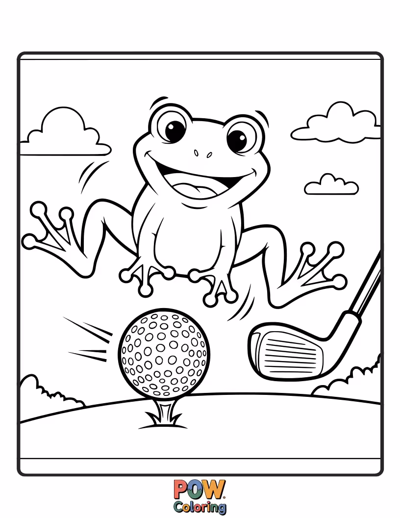Free coloring page of A cool frog wearing sunglasses, leaping over a golf ball with a confident grin.