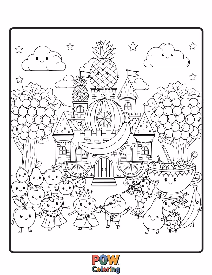 Free coloring page of Gracious fruits attending a magnificent royal ball in a grand castle, with elegant attire and decorations.