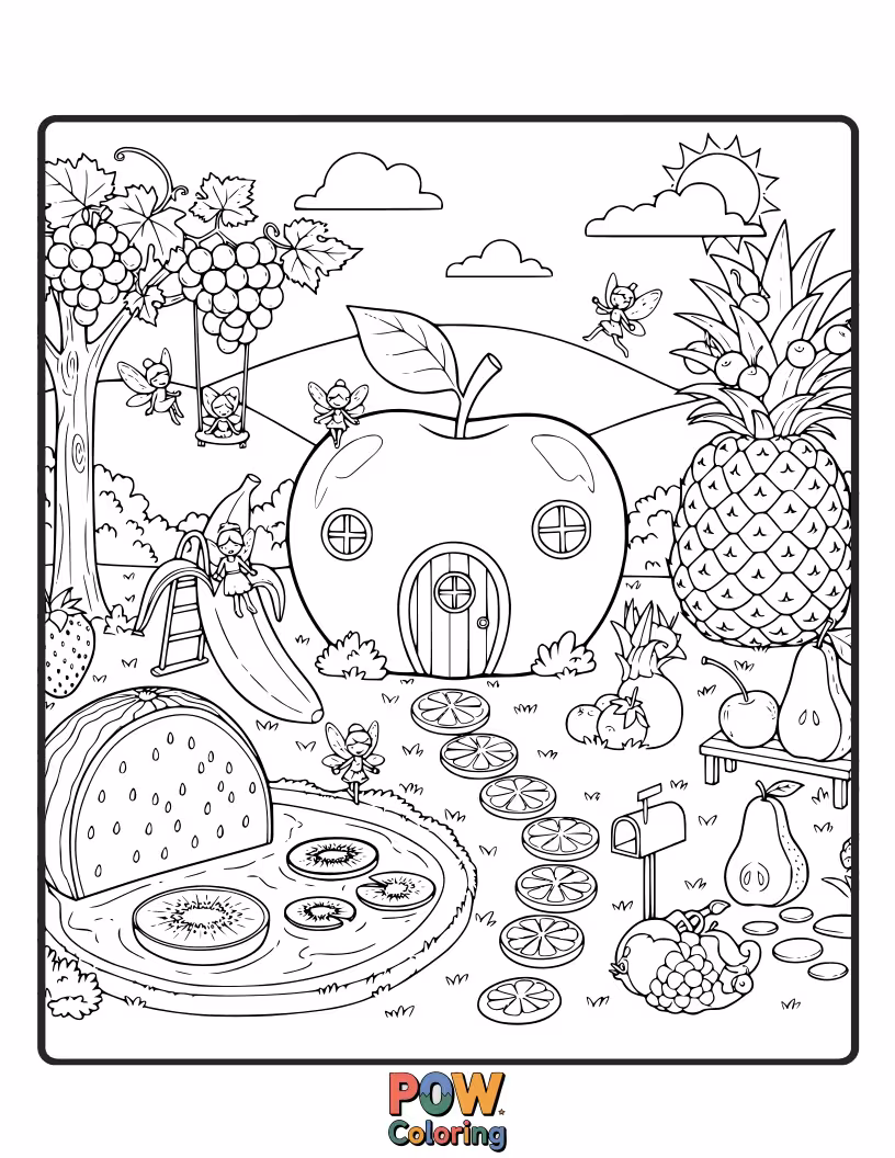 Free coloring page of Delicate fruits adorned with tiny flower crowns, tending to a magical garden filled with blooming flowers.