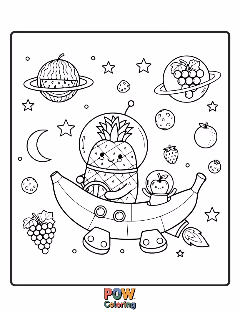Free coloring page of Determined fruits as a space crew, navigating through a vibrant galaxy filled with nebulae and stars.
