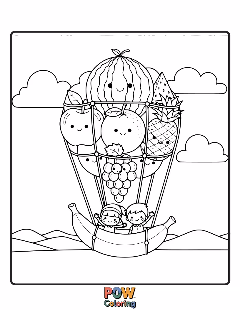 Free coloring page of Exciting fruits soaring through the sky in a colorful hot air balloon, enjoying breathtaking aerial views.