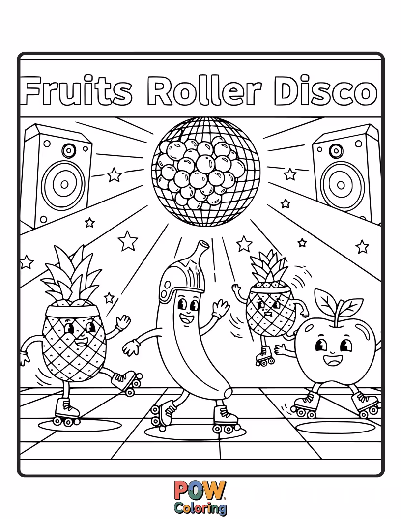 Free coloring page of Groovy fruits with sunglasses and disco balls grooving on a vibrant roller rink.