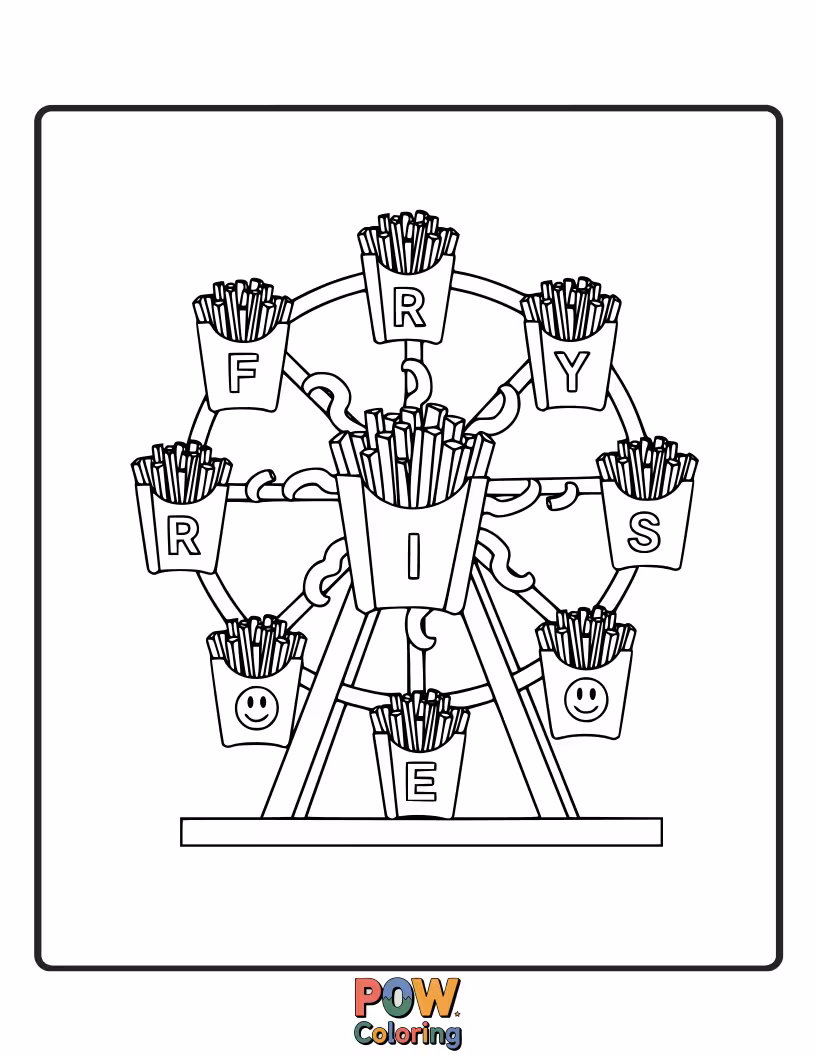 Free coloring page of A Ferris wheel made of fry boxes with tiny people riding in them.