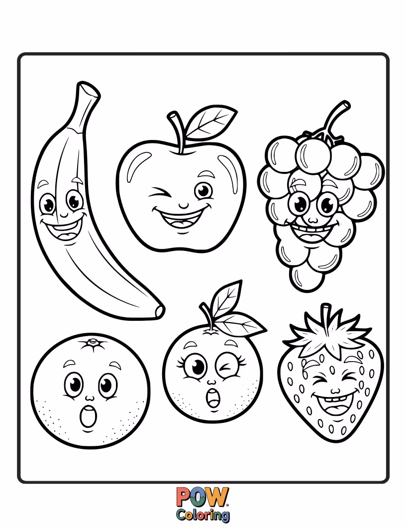 Free coloring page of A collection of fruits with hilariously silly expressions, winking, sticking out tongues, and making funny faces.
