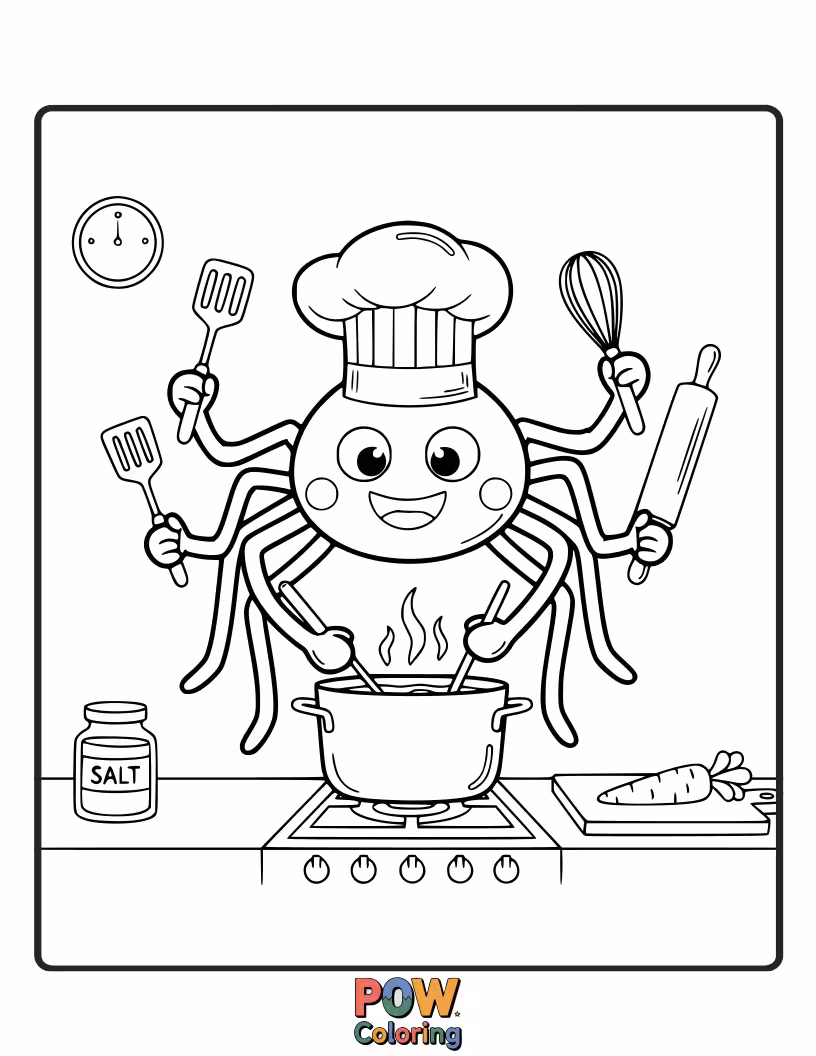 Free coloring page of A silly spider wearing a chef's hat, proudly presenting a tiny cake. Invites delicious and playful color combinations.