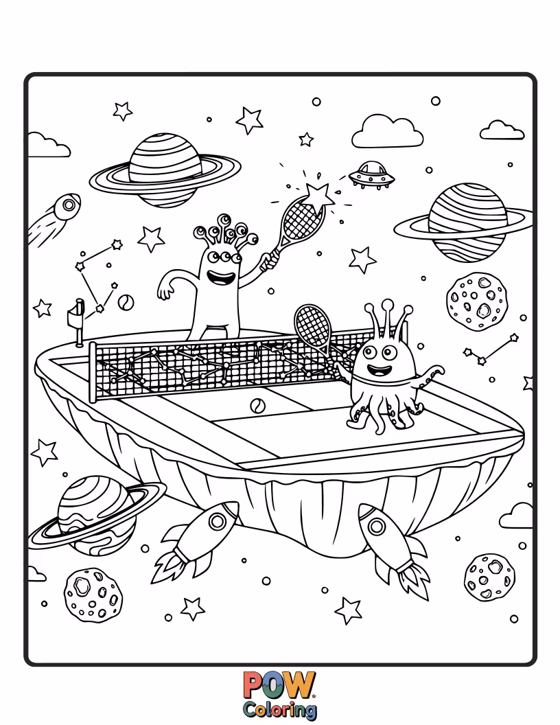 Free coloring page of Alien athletes from different planets competing in a dazzling tennis tournament on a glowing space court.