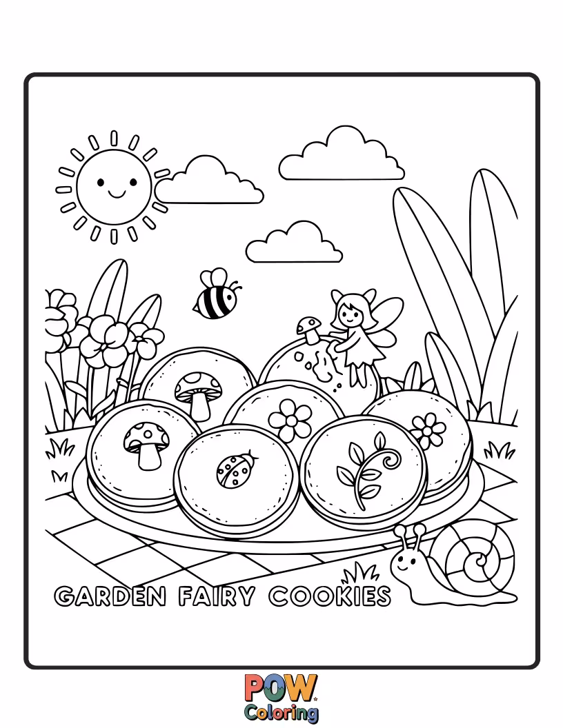 Free coloring page of Delicate cookies adorned with floral patterns and tiny fairy wings. Bloom with creativity in a sweet garden.