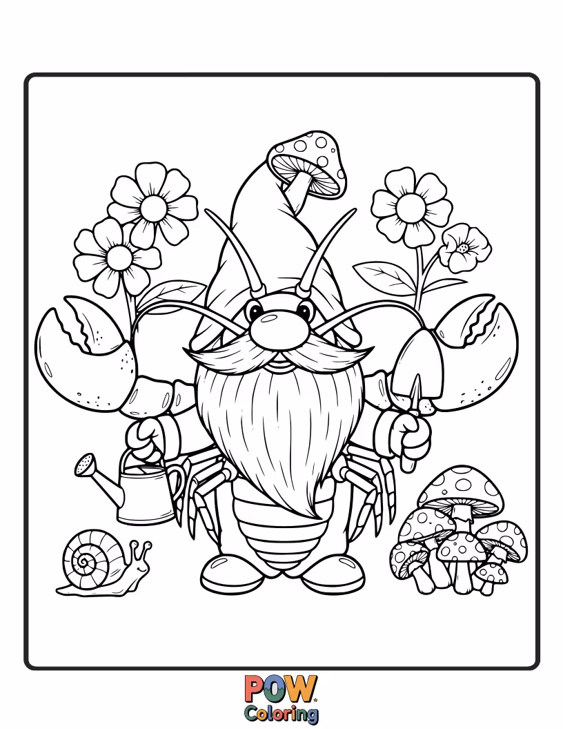 Free coloring page of A quirky lobster dressed as a garden gnome, complete with a pointy hat, tending to underwater plants.