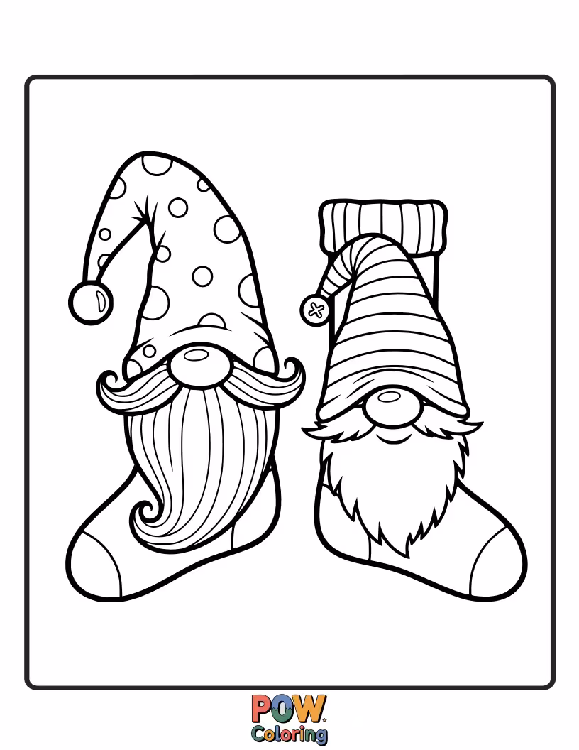 Free coloring page of Meet the little helpers! These charming socks have cheerful garden gnomes tending to tiny mushrooms and flowers.