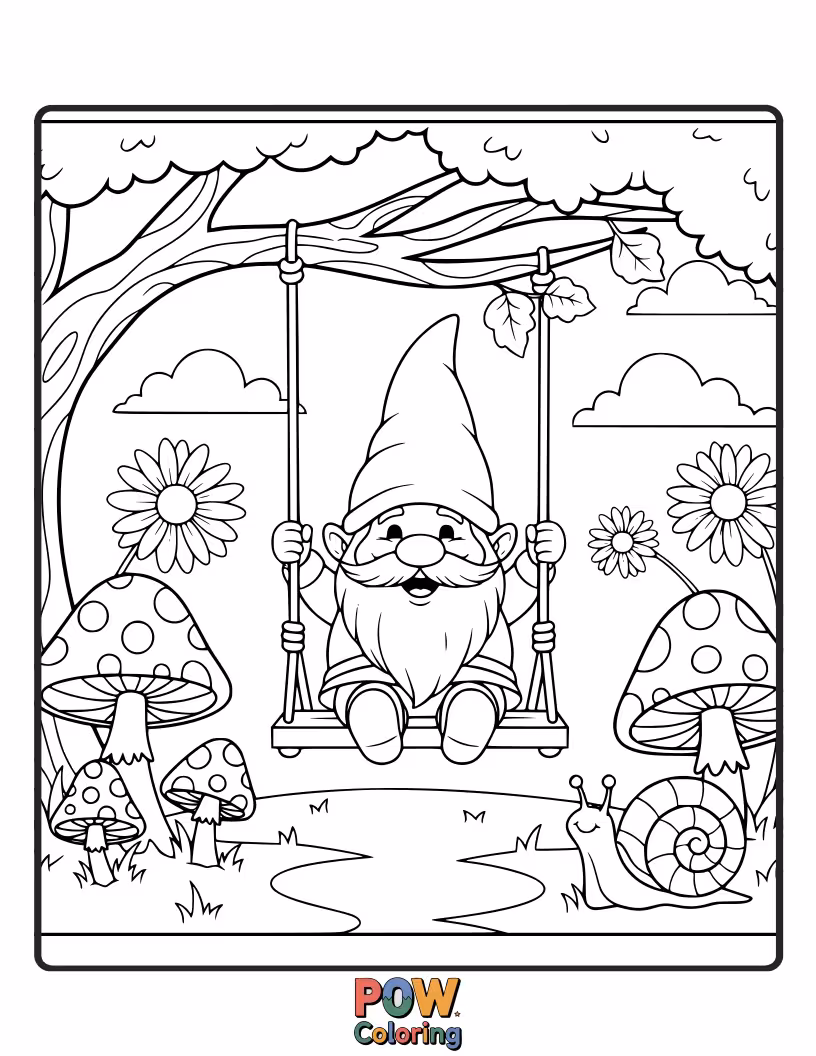 Free coloring page of A jolly garden gnome with a pointed hat enjoys a swing made of twisted vines and colorful leaves.