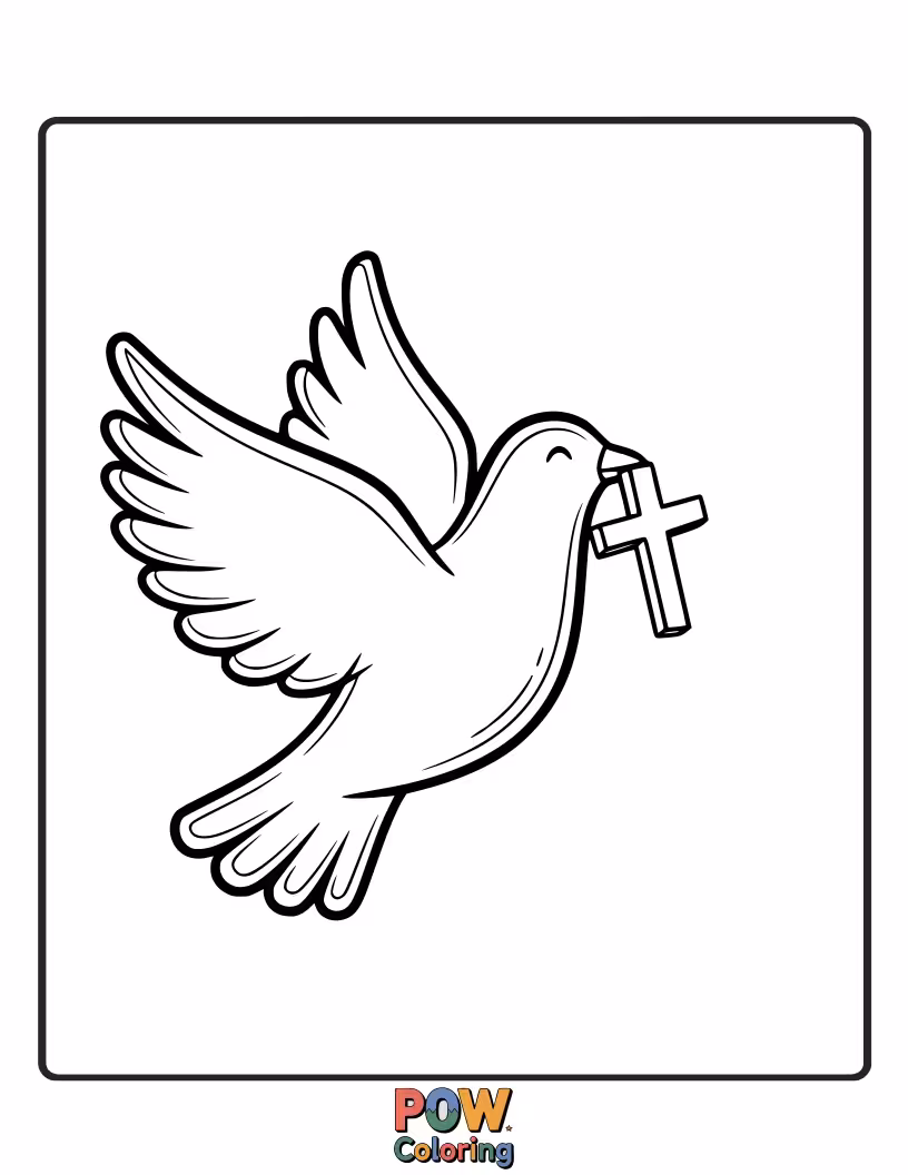 Free coloring page of A serene cross shape enhanced by the peaceful presence of a graceful dove in flight, embodying tranquility.