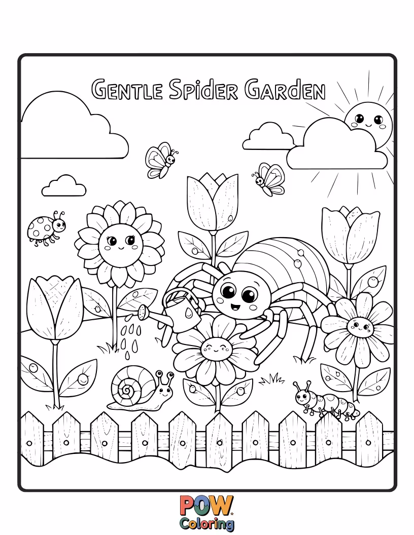 Free coloring page of A peaceful spider tending to a small garden of miniature plants. Encourages serene and nature-inspired coloring.