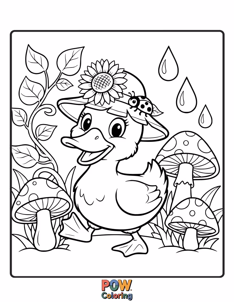 Free coloring page of This cheerful duck is surrounded by blooming flowers and friendly garden critters, a truly beautiful scene.