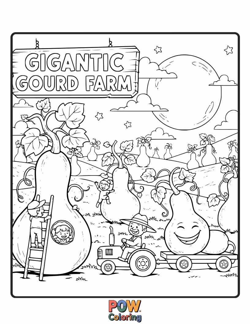 Free coloring page of A whimsical farm scene featuring enormous, smiling gourds and cheerful little gnomes.