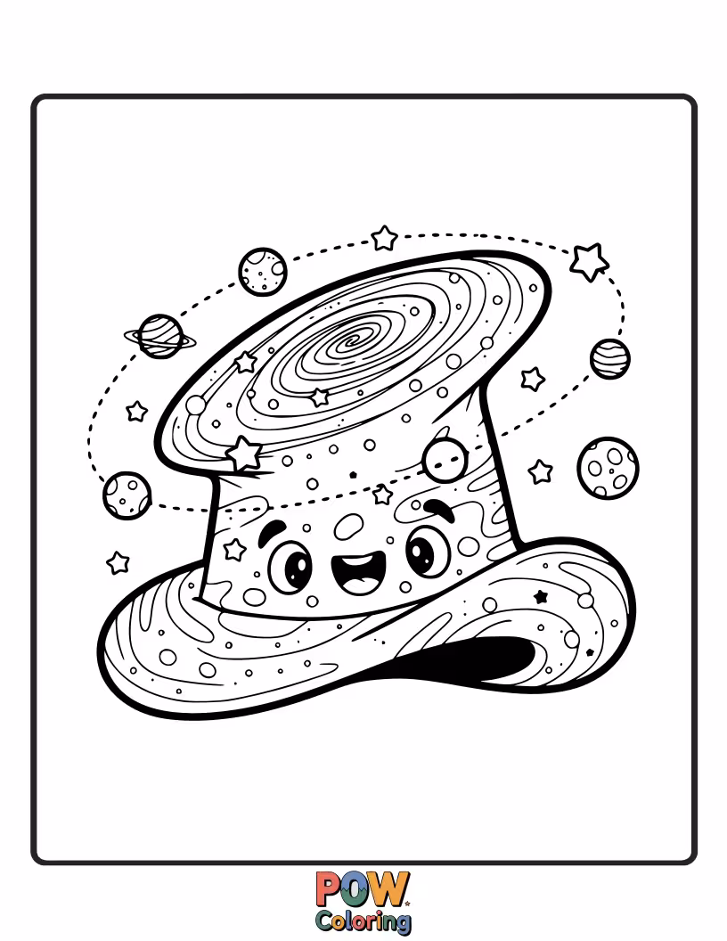 Free coloring page of A futuristic hat covered in shimmering stars, planets, and friendly aliens. Blast off into imagination!