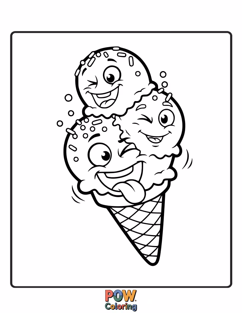 Free coloring page of A wobbly ice cream cone with a big, infectious grin, guaranteed to bring smiles and laughter.