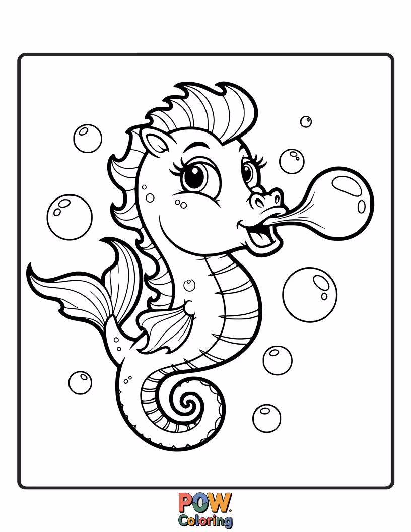 Free coloring page of A funny seahorse blowing a giant, joyful bubble that contains a smaller, giggling seahorse.