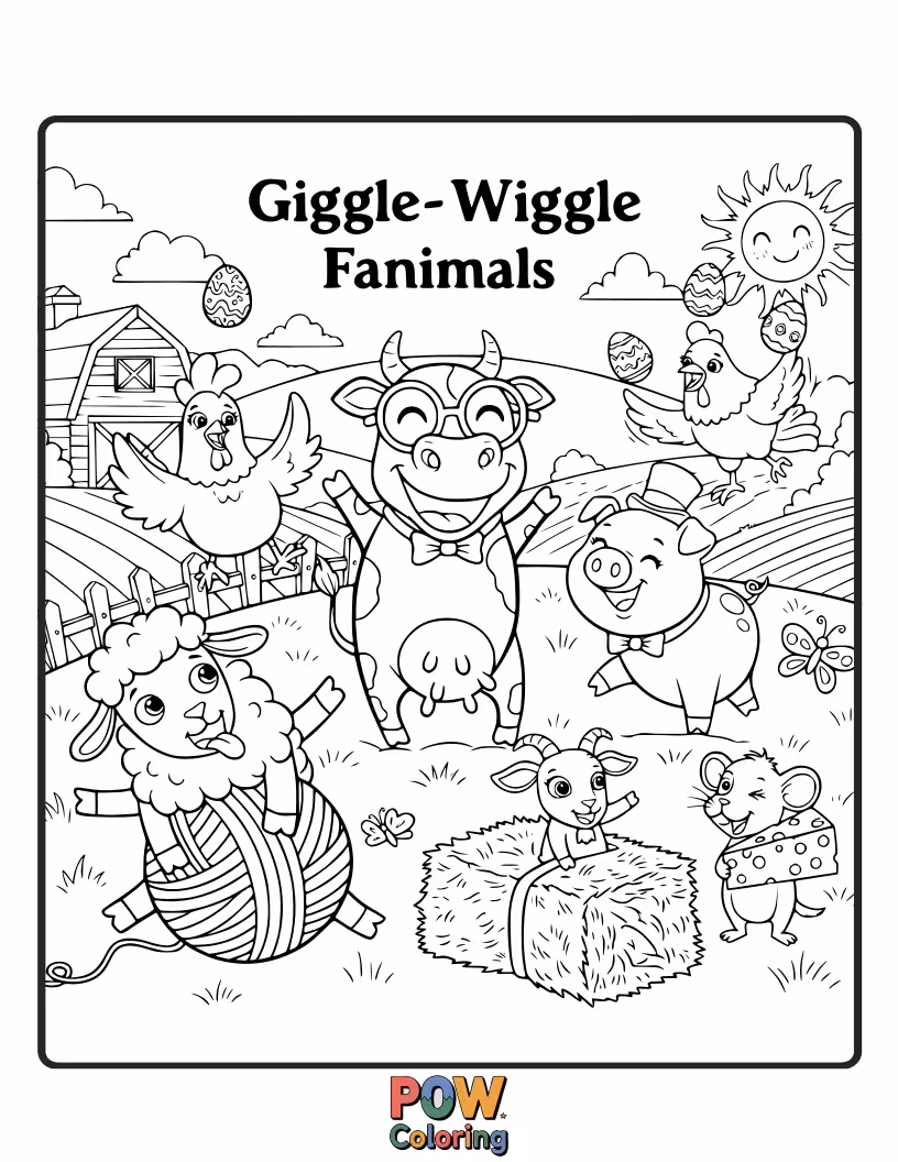 Free coloring page of Silly farm creatures in funny poses, like a pig doing a cartwheel and a chicken wearing glasses.