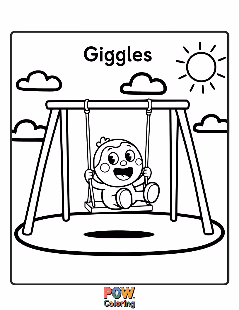 Free coloring page of Two giggling teddy bears have a blast on a wooden swing, their arms flailing with pure joy under a rainbow.