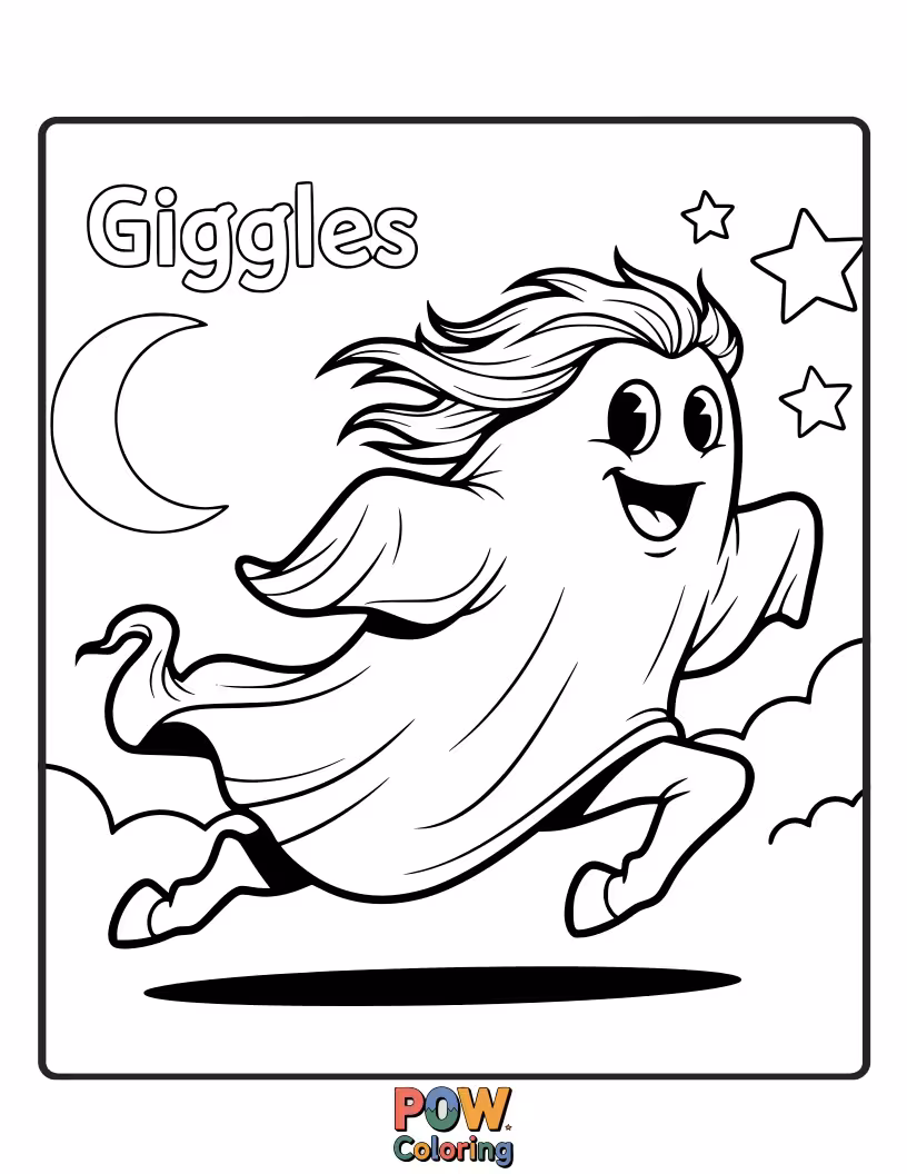 Free coloring page of A friendly, translucent ghost horse with a silly grin, floating playfully through a moonlit meadow.