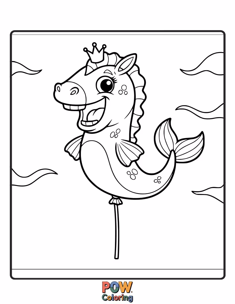 Free coloring page of A tiny, giggling seahorse playfully holding onto a large, buoyant balloon, ready for an underwater adventure.