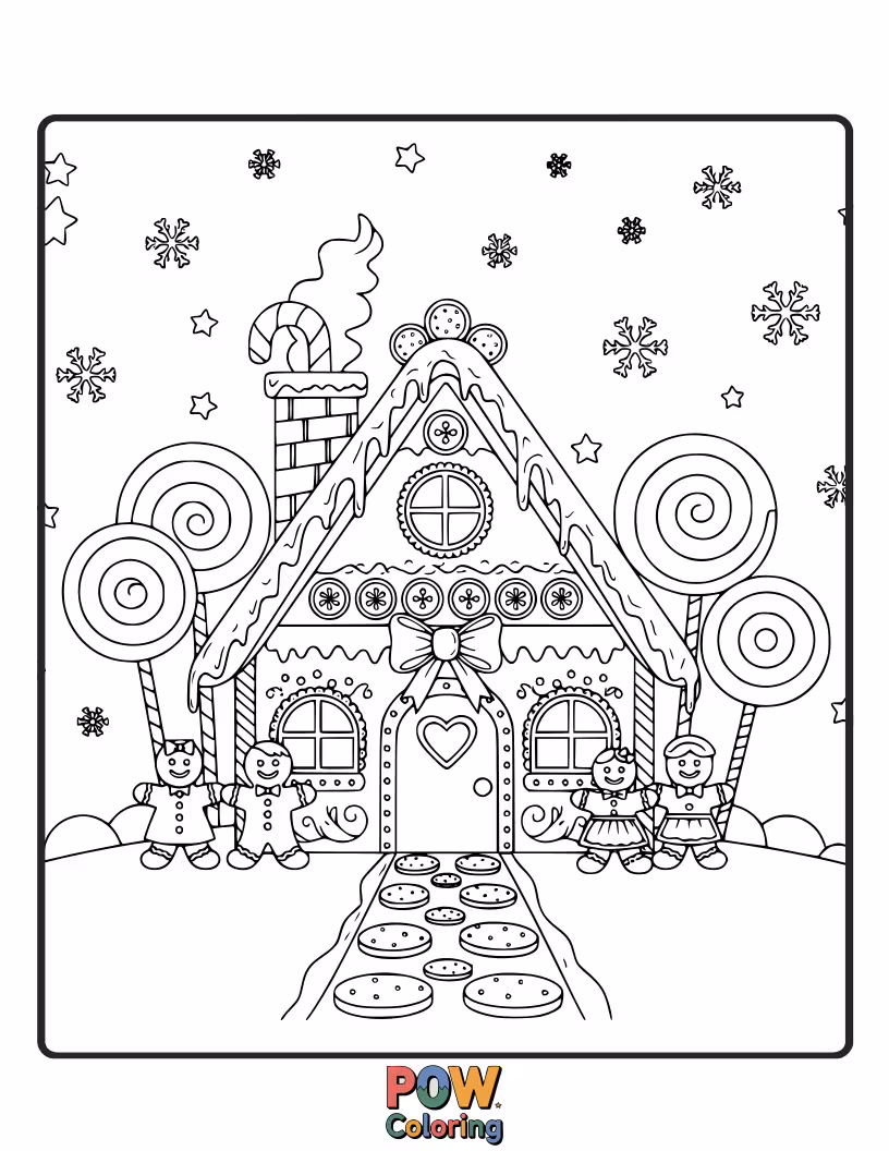 Free coloring page of An edible gingerbread house with candy canes, gumdrops, and frosting details. A sweet and festive design.