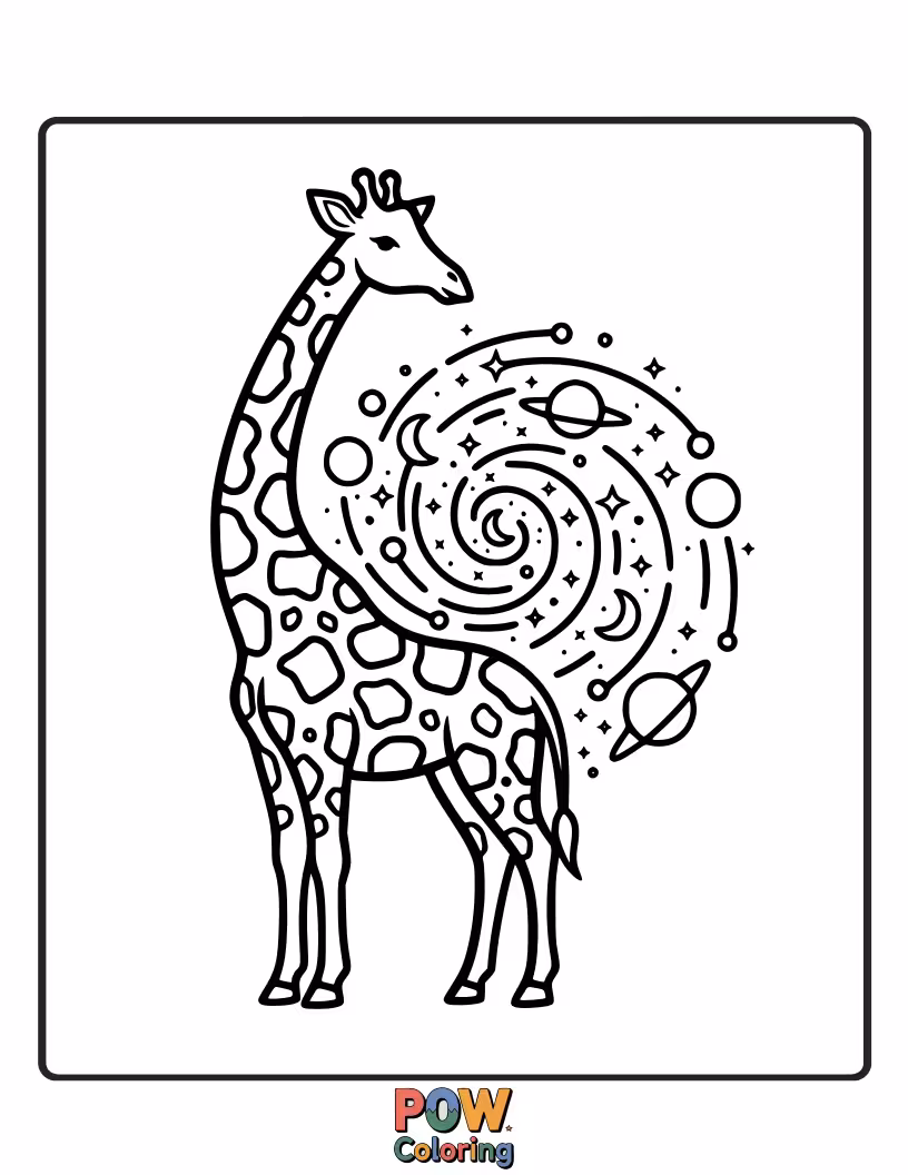 Free coloring page of A happy giraffe carrying a stack of colorful, enchanted letters with wax seals, soaring towards a castle silhouette.