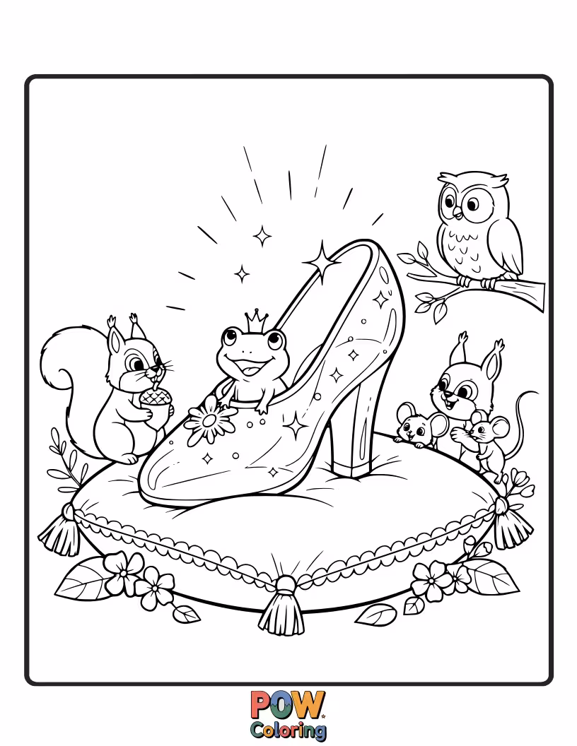 Free coloring page of Cinderella looking surprised and delighted as she discovers the lost glass slipper perfectly fits her foot.