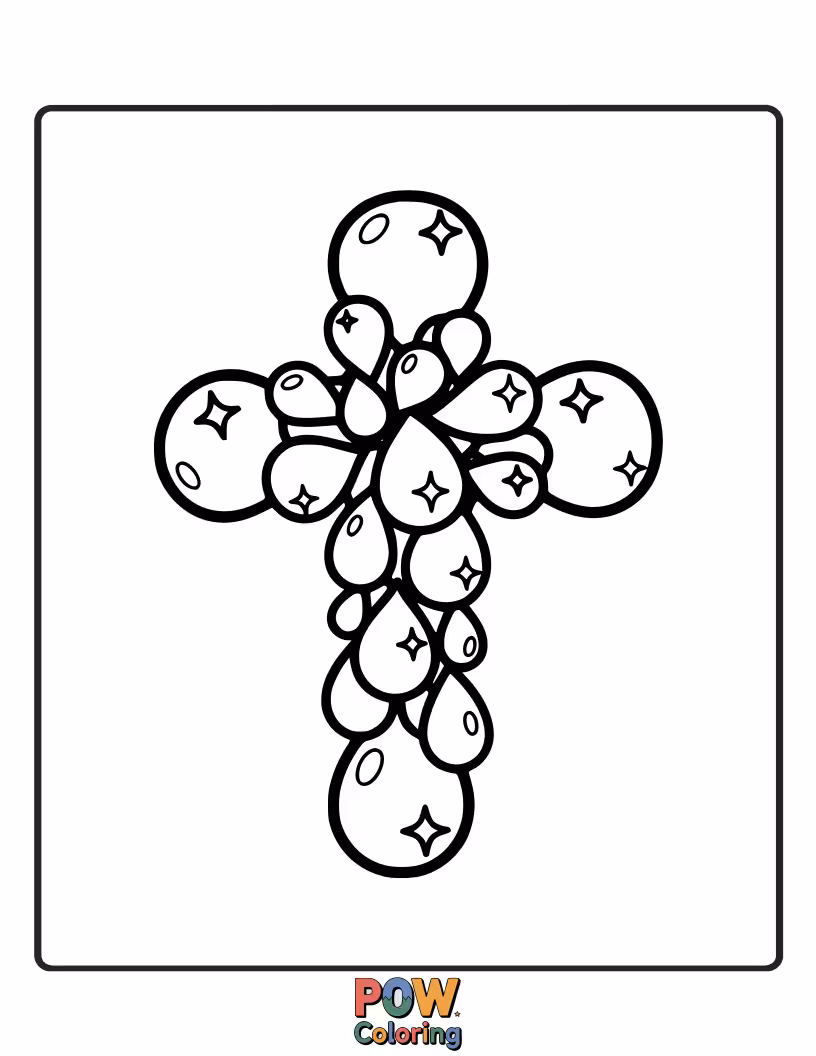 Free coloring page of A refreshing cross adorned with sparkling dewdrops, capturing the serene beauty of a morning scene.