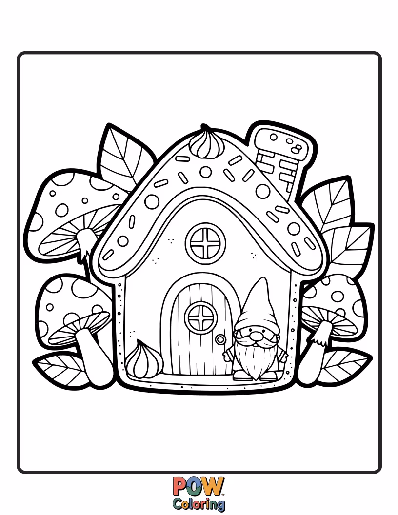 Free coloring page of Charming cookies shaped like tiny mushroom houses with friendly gnome characters peeking out. A whimsical woodland dwelling!