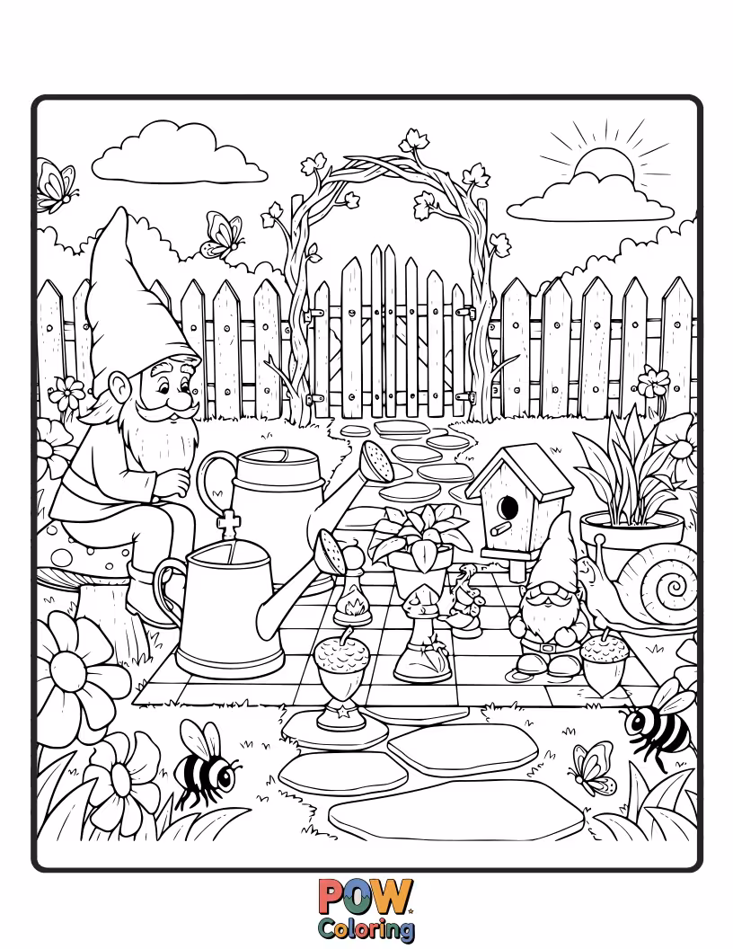 Free coloring page of A cheerful gnome enjoying a game of chess amidst blooming flowers and garden gnomes in a whimsical backyard.