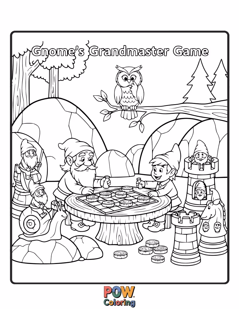 Free coloring page of A wise old gnome with a long beard meticulously planning his next move, surrounded by glowing mushrooms.