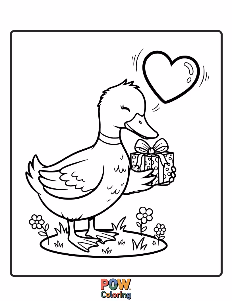 Free coloring page of This kind duck is sharing a gift box feeling heartfully.
