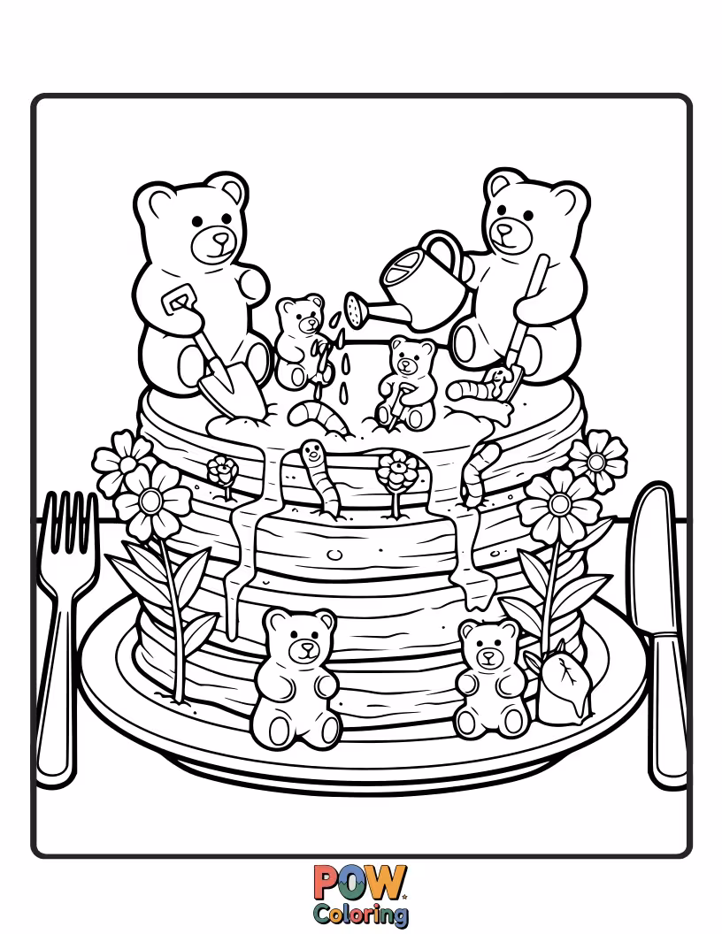 Free coloring page of Pancakes surrounded by a whimsical garden filled with candy gummy bears and lollipop flowers.