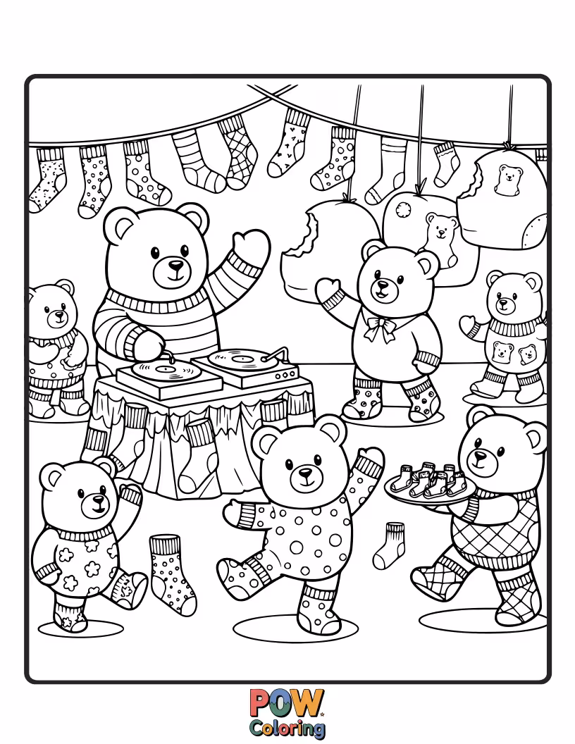 Free coloring page of Imagine a sock rave! These socks are covered in a rainbow of cheerful gummy bears having a fantastic time.