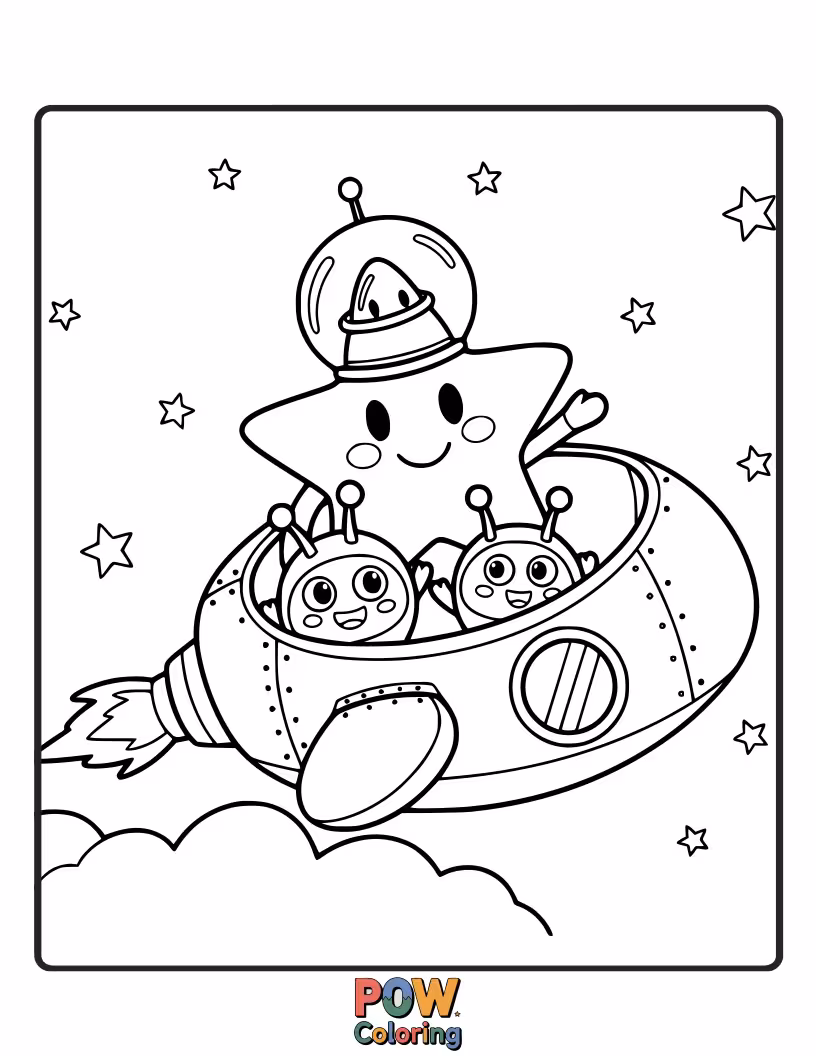 Free coloring page of A group of cute, smiling stars celebrating in space, with little planets and clouds.