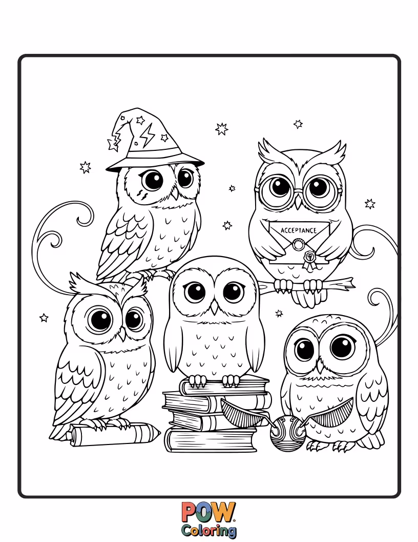 Free coloring page of A fluffy barn owl perched on a stack of spellbooks, a tiny witch hat askew on its head, with scattered parchment.