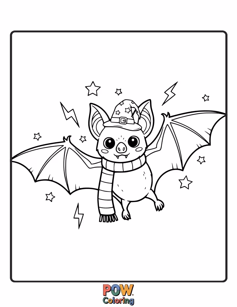 Free coloring page of A cute, fluffy bat with big, innocent eyes, wearing a tiny wizard hat and holding a glowing firefly.